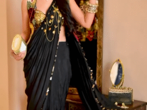 🌸 Bhavdeep Kaur in Vintage Lily Drape Saree with Bustier and Jacket – Contemporary Elegance Meets Timeless Charm 🌸