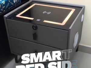 Smart Bedside Table with Wireless Charging, USB-C, Bluetooth Speaker & LED Lights – Modern Wooden Nightstand with 3 Storage Drawers
