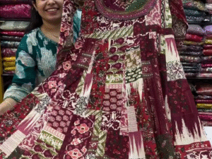 Women's Cotton Mixed Rayon Multicolour Floral Printed Embroidered Anarkali Kurti, Red