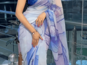 White & Lavender Organza Saree with Watercolor Print & Sequin Detailing | Paired with Royal Blue Velvet Blouse – Elegant Designer Party Wear
