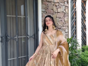 👑 Golden Royal Anarkali Gown with Dupatta – A Regal Festive Look 👑