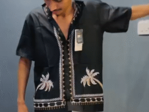 Men’s Premium Black Cuban Collar Shirt – Palm Tree Embroidery Summer Shirt (Luxury Resort Edition) 🖤🌴👕✨