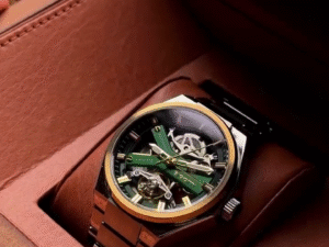 Luxury Green Skeleton Automatic Watch – Gold Bezel Stainless Steel Men’s Wrist Watch (Premium Open-Heart Edition) 💚⌚✨