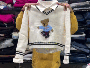 Cute Teddy Bear Knit Sweater Shirt – Premium Collared Winter Top for Kids & Girls (Korean Style Edition) 🧸🤍✨
