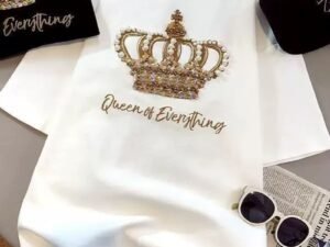 👑 Queen of Everything Luxe Crown Embellished T-Shirt – Premium Cotton | XXS–XXL | Multiple Colors ✨