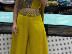 💛 Noor-E-Zeestaan Festive Palazzo Set – Embellished One-Shoulder Crop Top with Flowing Palazzo 💛