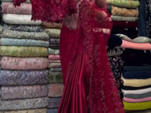 ❤️ Red Embellished Net Saree with Matching Embroidered Blouse – Glamorous & Regal Elegance ✨