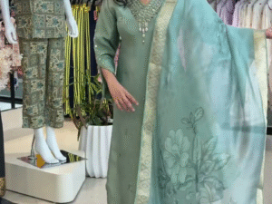 Elegant Green Chanderi Cotton Kurta Set with Printed Palazzo & Floral Dupatta – Ethnic Charm Redefined