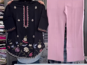 Dark Green Tunic with Pink Floral Embroidery & White Trousers – Elegant Ethnic Co-Ord Set