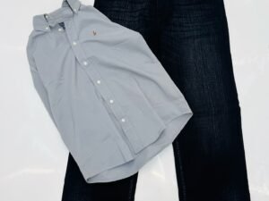 Smart Casual Perfection: Classic Grey Shirt with Dark Denim Elegance