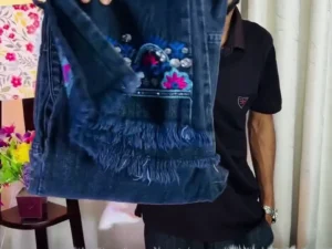 Elegant  Floral Embroidered Dress with Stylish Denim Jeans Combo for Women